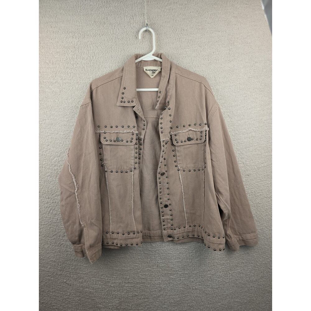 Savanna Jane Studded Raw Hem Denim Jacket Tan Size 1X Long Sleeve VTG Inspired